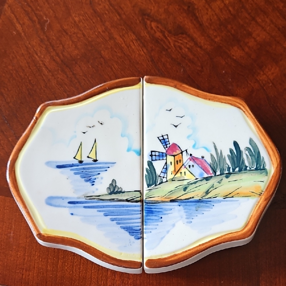 Handpainted Fred Roberts Expandable Ceramic Trivet Windmill Sailboat 1960s